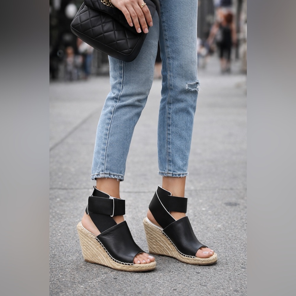 Celine Black and Tan Wedge Espadrille Sandals